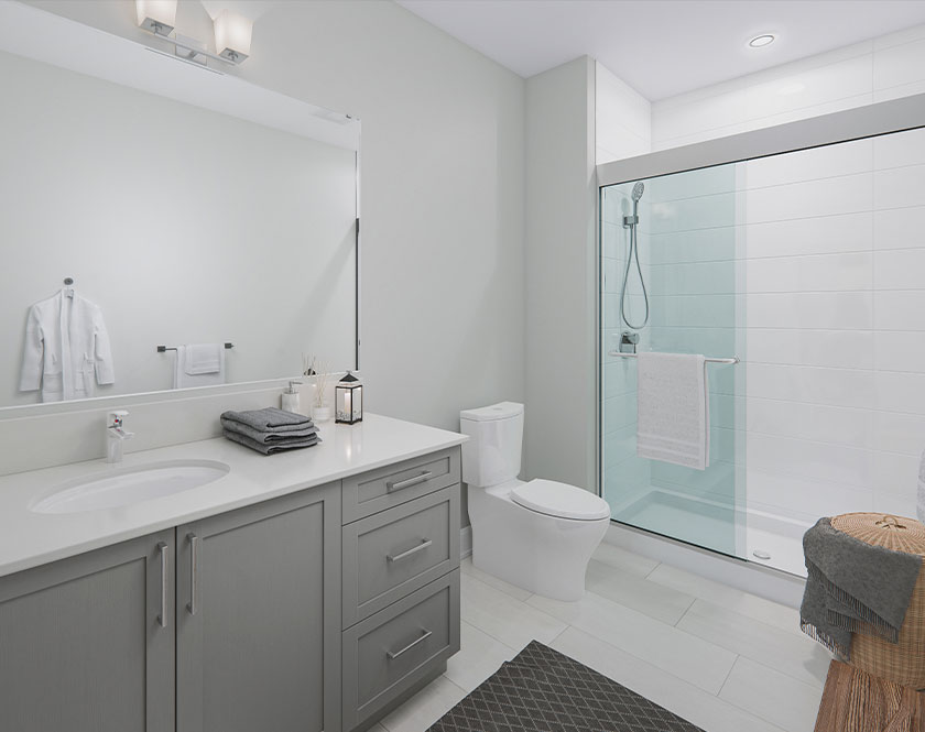 Interior shot of grey bathroom