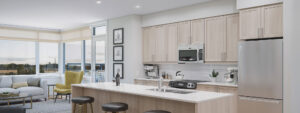 Angled shot of kitchen rendering