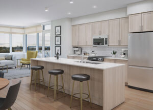 Angled shot of kitchen rendering